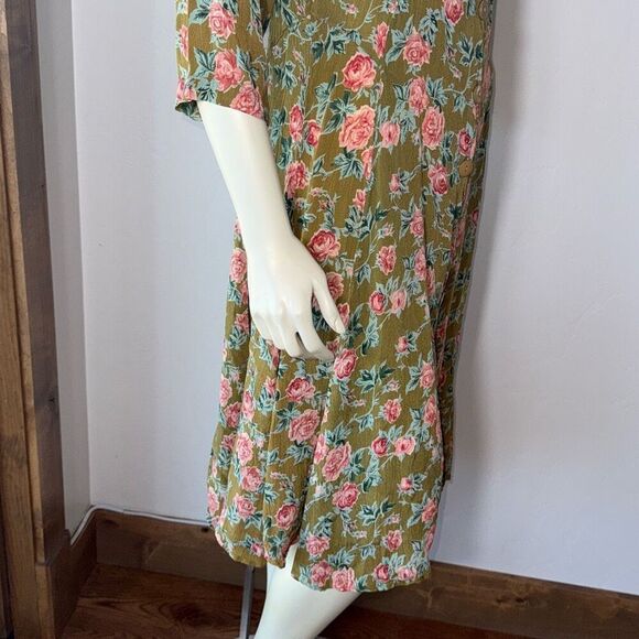 Vintage 80's Green Cottagecore Rose Floral Button Down Maxi Dress Medium - Picture 5 of 16